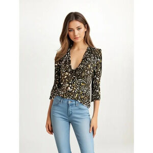 Micheal Kors Women's Small Leopard Print Faux Wrap Long Sleeve‎ V-Neck Blouse